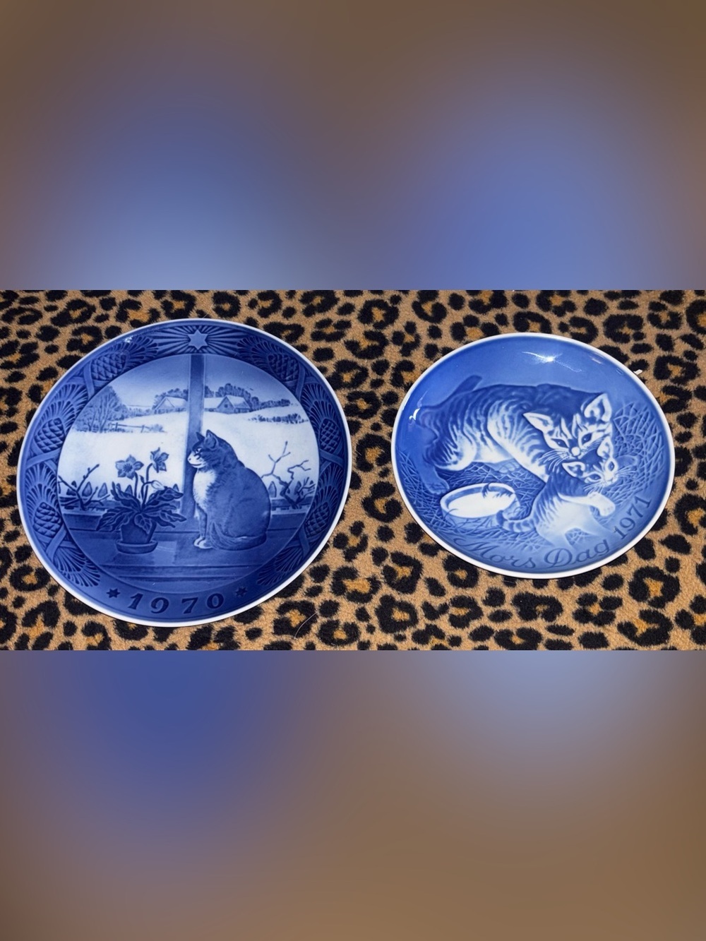 Vintage Danish Blue Porcelain "Cat Lovers" Collector Plate Set (2) (1970/1971)
